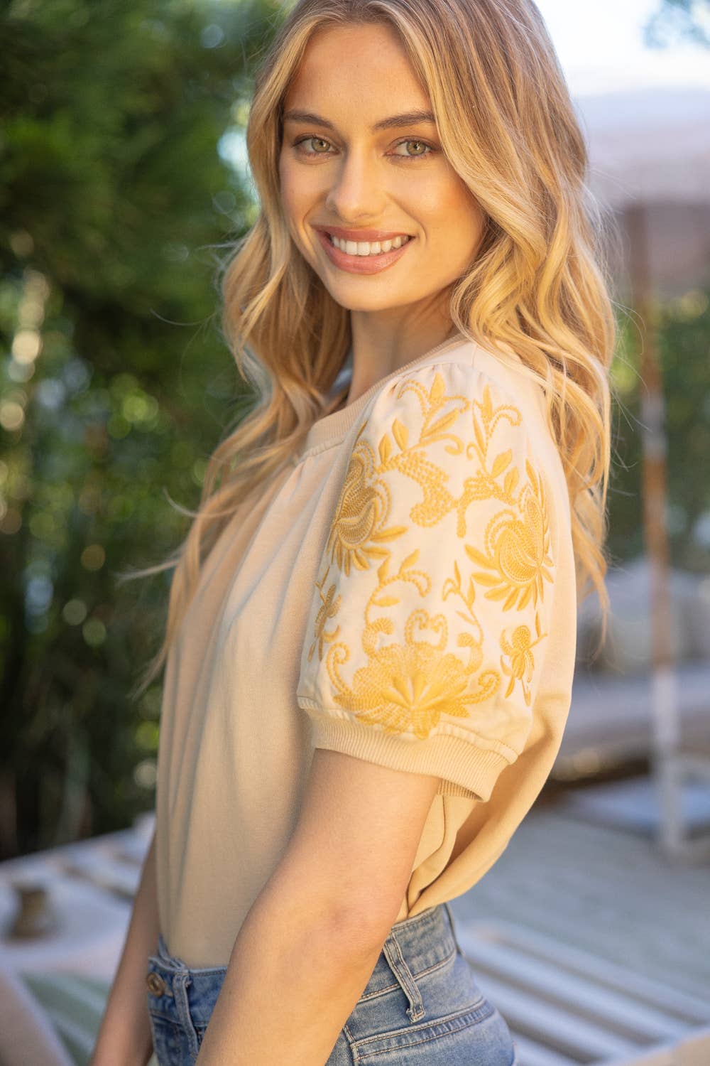 Embroidered Short Sleeve French Terry Top