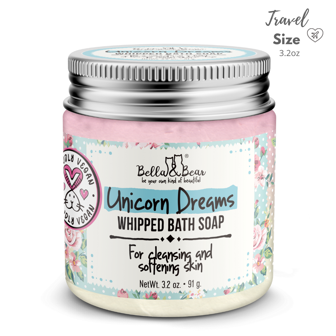 3.2oz mini jar Unicorn Dreams Whipped Bath Soap/Shave Cream, pastel pink/blue, floral pattern, "100% Vegan" label.