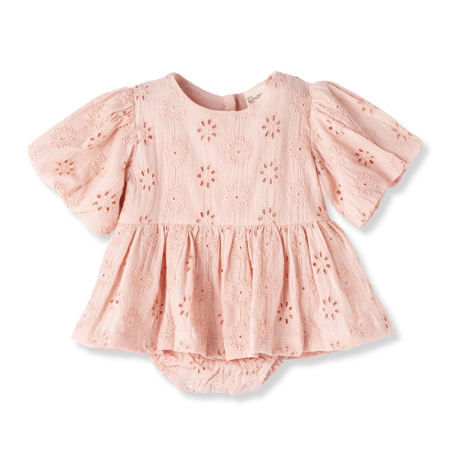 Light pink cotton bodysuit, sizes 0-6, with puff sleeves, flared ruffled skirt, and floral eyelet embroidery.