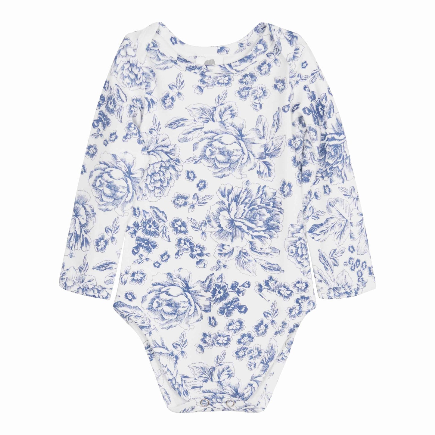 Organic cotton long sleeve bodysuit, white with blue floral and leaf print. Size: 0-3M.