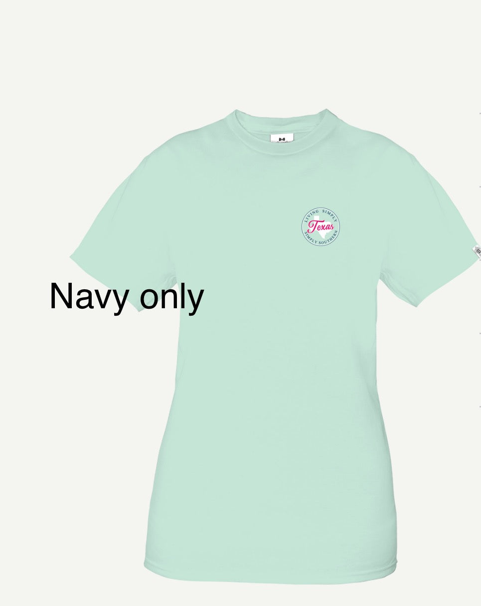 Mint green t-shirt with a small circular logo on the left chest area labeled "Texas" and text underneath saying "State TX Navy," available in multiple sizing options.