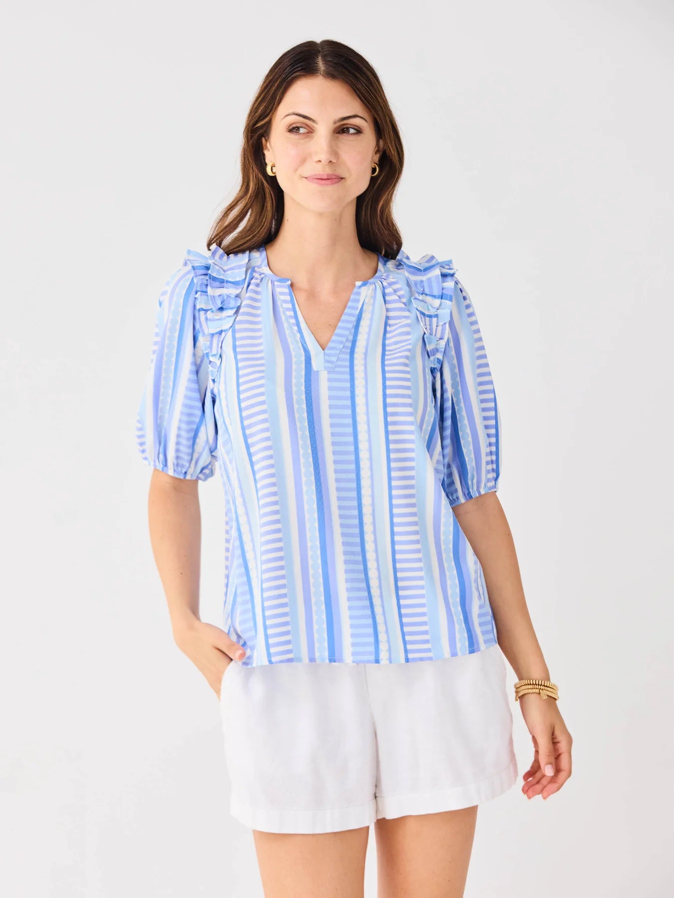 Skylar Simply Striped Blue Top, featuring blue and white stripes. Available in sizes XS–XL.