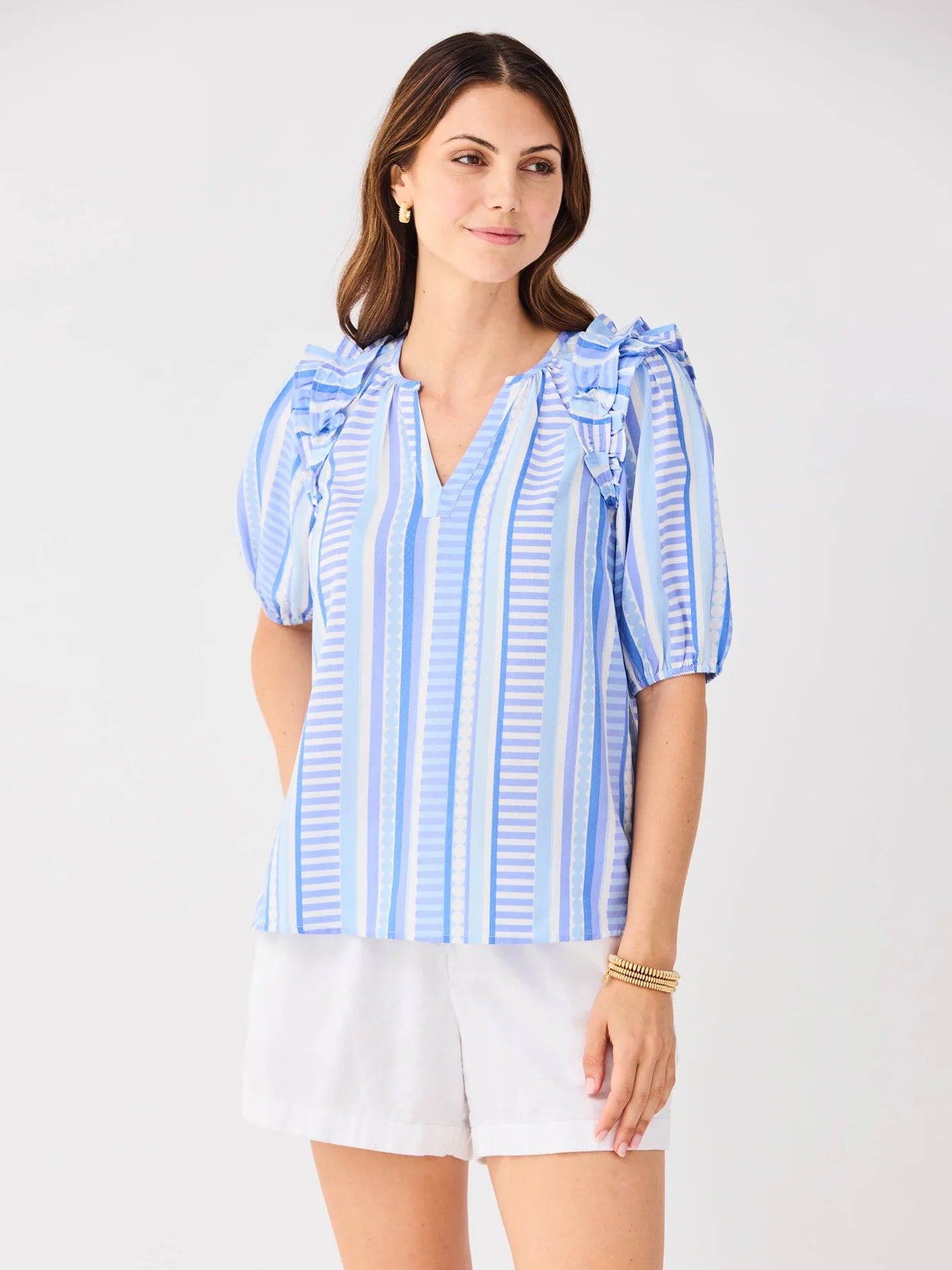 Skylar Simply Striped Blue Top with subtle stripes, short sleeves; available in sizes XS-XL.