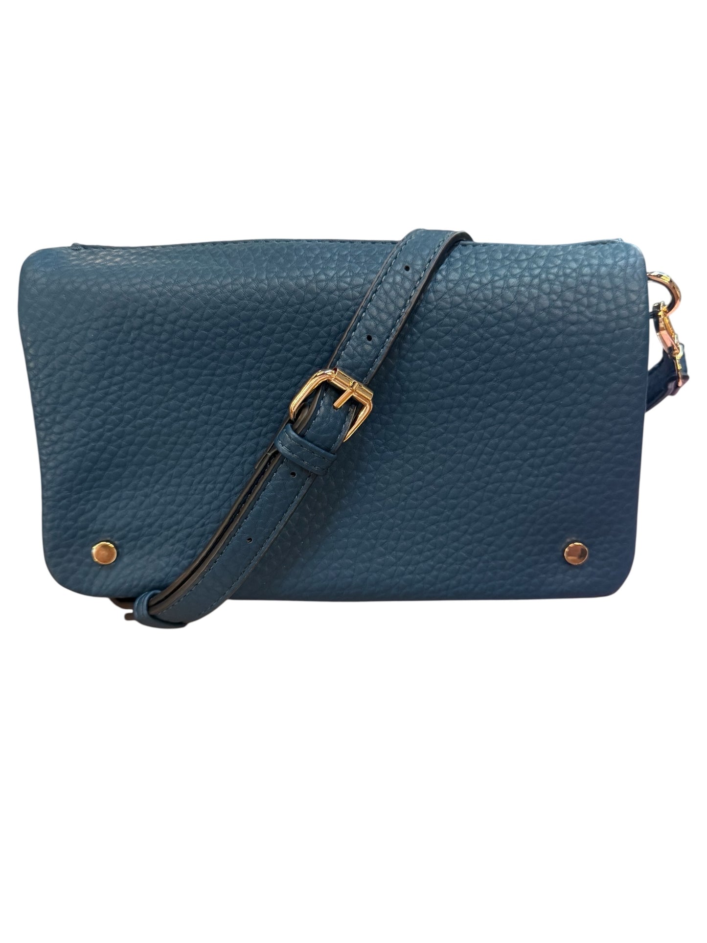 Textured blue leather crossbody with gold buckle, adjustable strap, and two front gold studs. Sizes: small, medium, large.