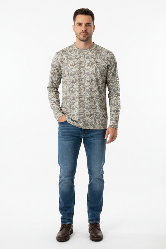 Simply Southern Dri-Fit Long Sleeve Camo Shirt, moisture-wicking, available in S-XXL. Ideal for outdoor activities.