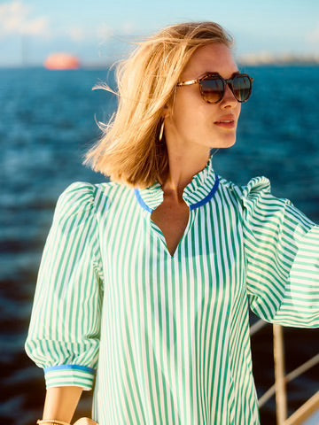 Naomi Dress: Green and white stripes, ruffle V-neckline, puffed 3/4 sleeves. Available sizes: XS, S, M, L, XL.