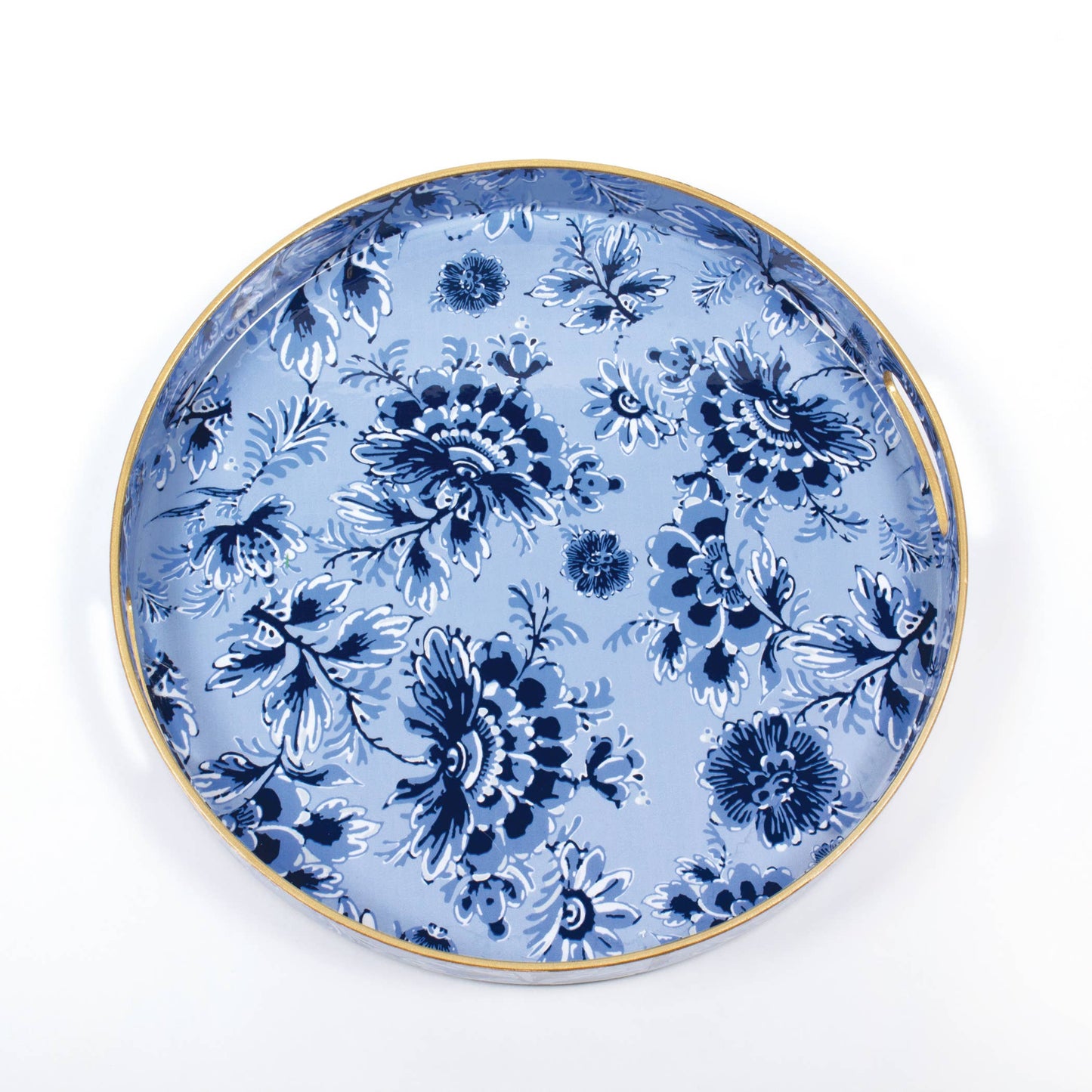 Blue Floral Round Tray with blue and white floral design, gold rim. Available in 12" and 16" sizes. Elegant for serving.