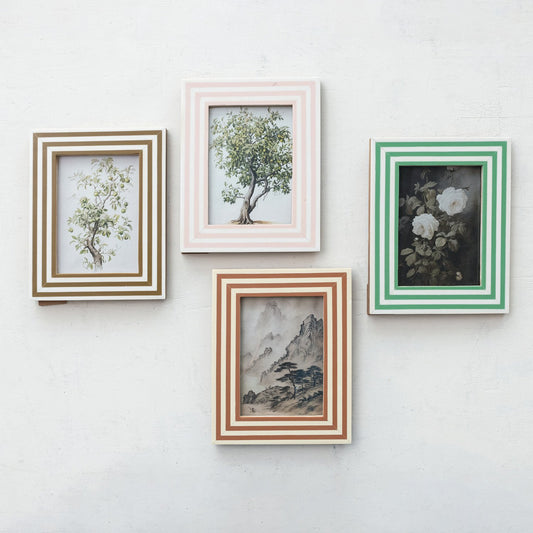 Photo Frame with Inlaid Stripes in brown, pink, green, and orange. Available sizes: 8x10", 11x14", 16x20".
