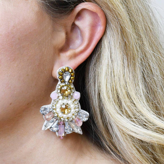 Bejeweled Chandelier Earrings: ornate, handcrafted with gold, crystal, pearl, pink accents. Available in small, medium, large.