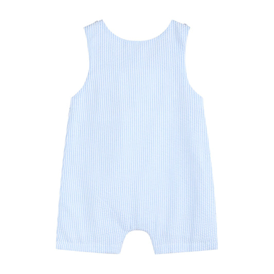 Light Blue Seersucker Easter Bunny Smocked Overalls: 2T