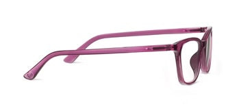 Gloria eyeglasses: Fuchsia translucent pink, rectangular frames, straight arms, UV400. Sizes: Small, Medium, Large.
