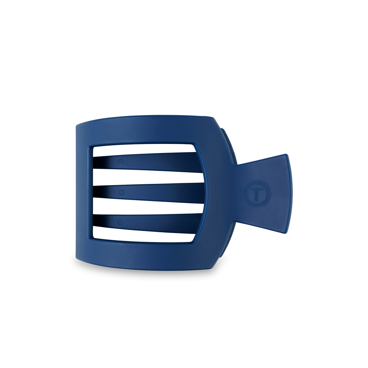 TELETIES Square Flat Hair Clip: Blue, rectangular with three horizontal slots. Features a right-side handle. Sizes available: Small, Large.