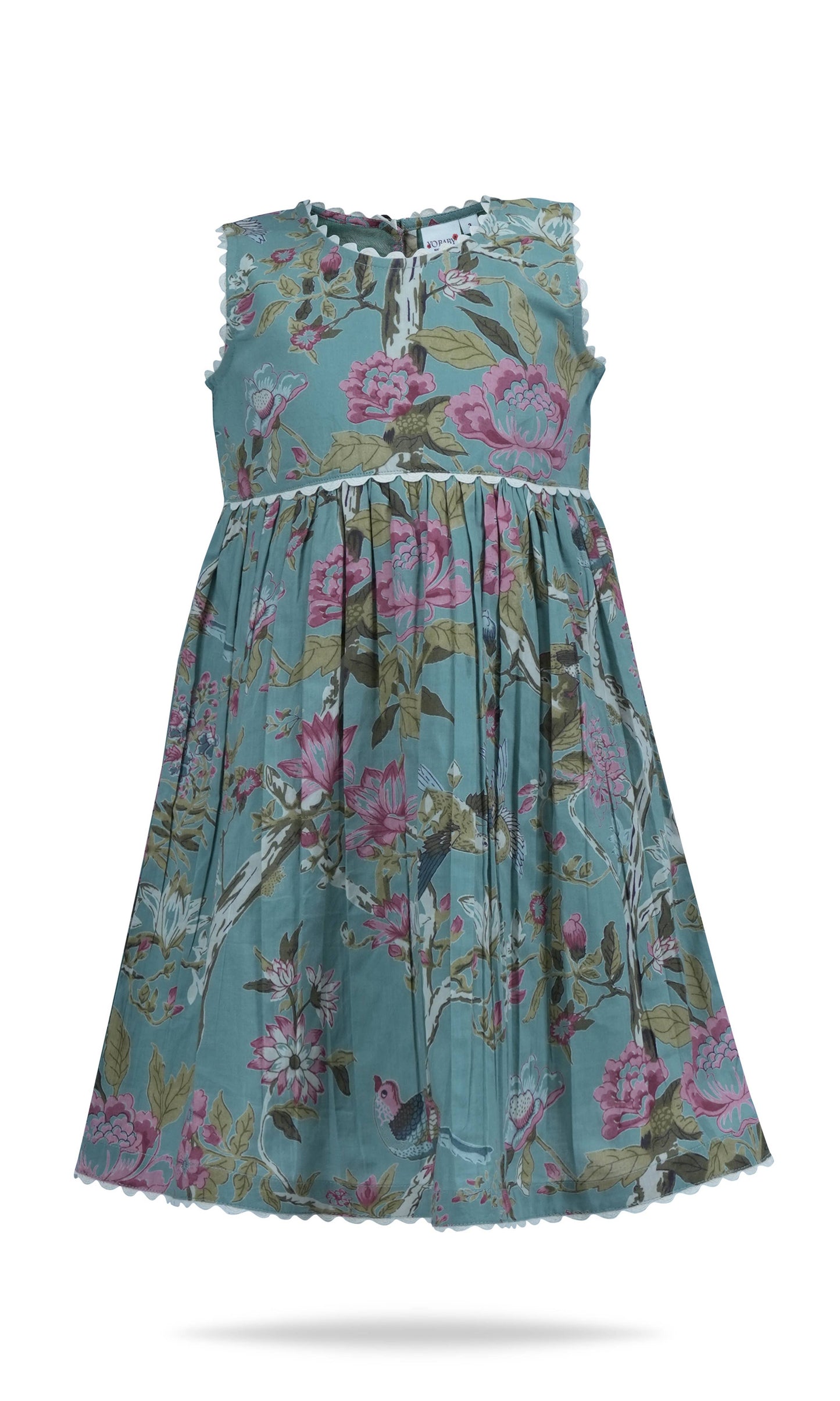 Sleeveless infant dress in sage with pink/green floral print, pleated skirt, scalloped trim. Sizes: NB-24M.