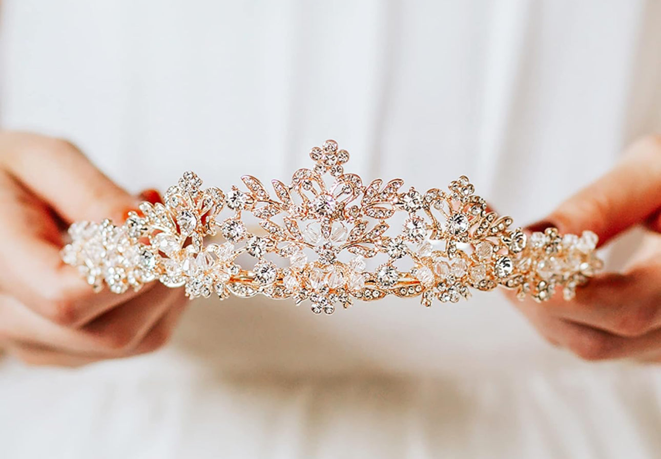 Rose Gold Tiara with floral designs, crystal details, and intricate patterns; elegant bridal accessory. Sizes: Small, Medium, Large.