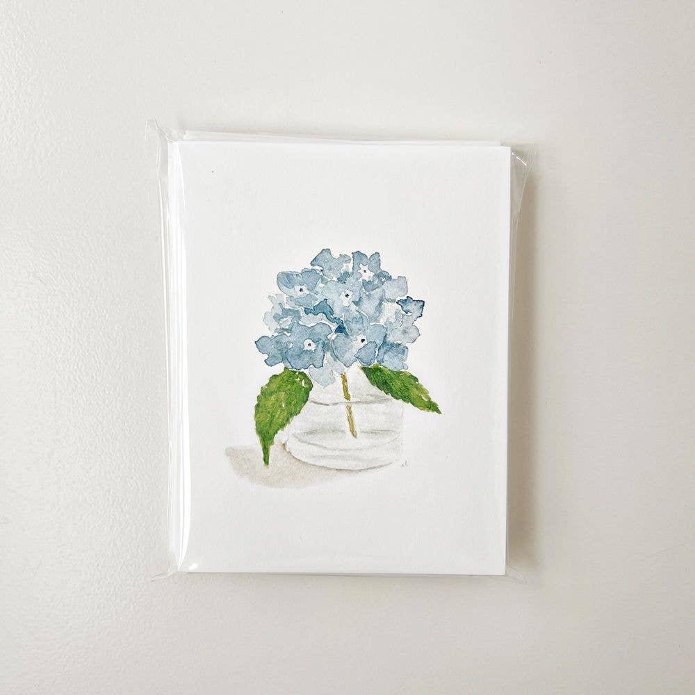 Set of 8 blank Hydrangea Notecards featuring watercolor blue hydrangeas. Size: standard greeting card.