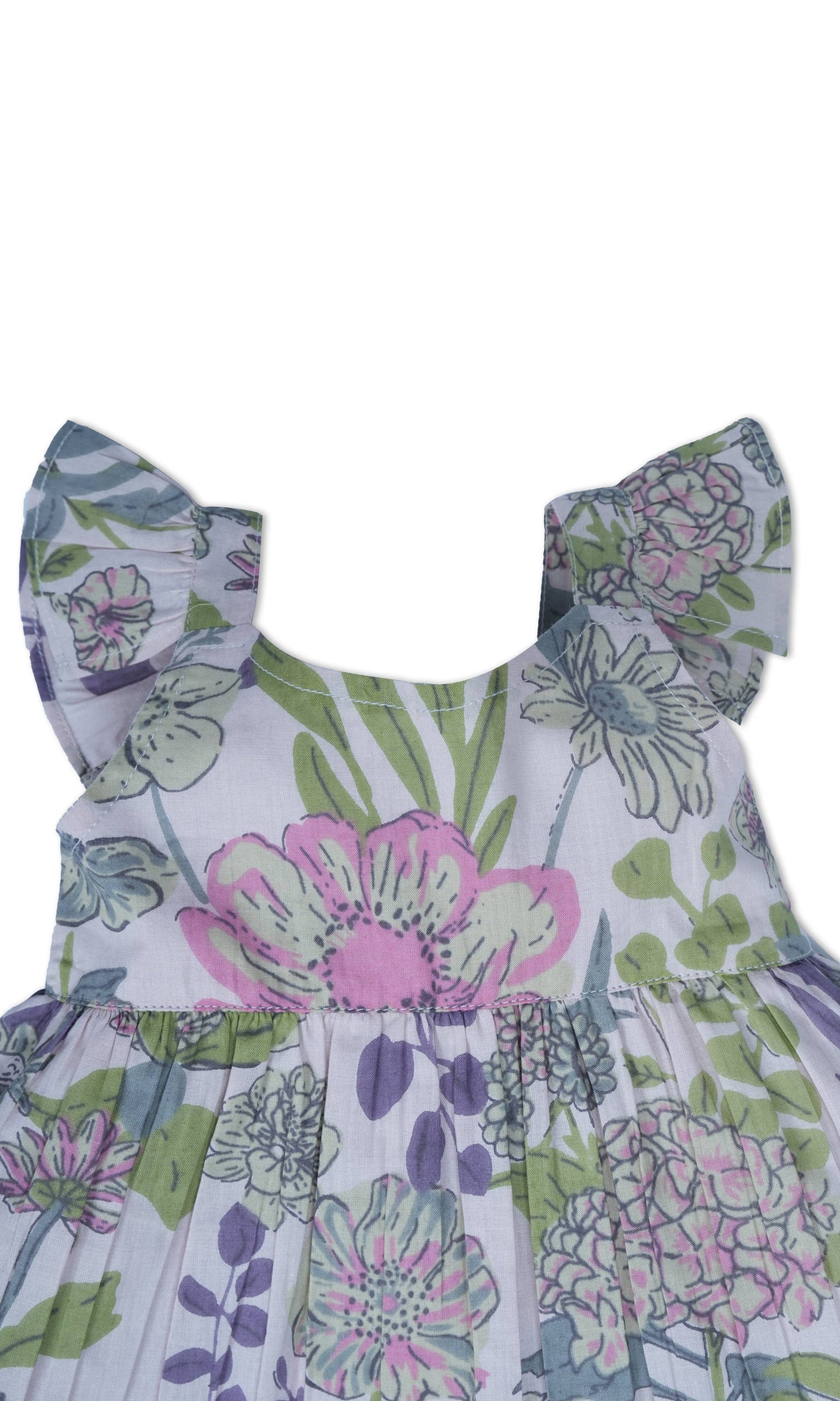 Shay Floral Dress in Lavender: sleeveless baby dress with pastel flowers and ruffled shoulders. Available in sizes 0-24 months.