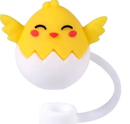 Easter Straw Cover with a yellow and white chick figurine, rosy cheeks, hatching egg design, and flexible white ring for attaching to tumbler straws. Available in multiple sizes to fit various straws.