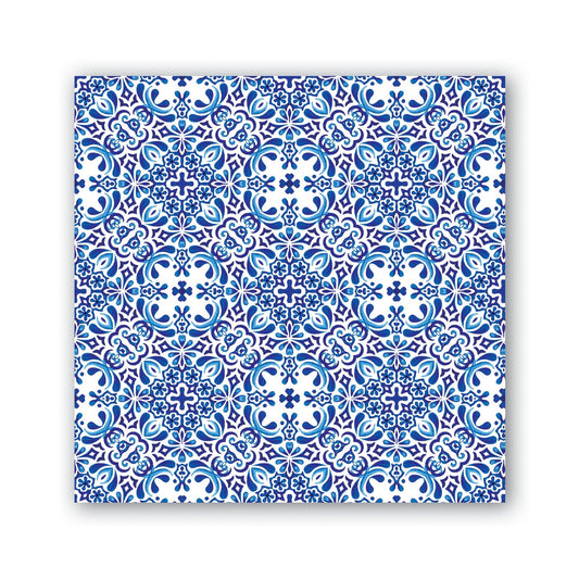 Indigo blue and white square tile with geometric floral pattern, available in multiple sizes.