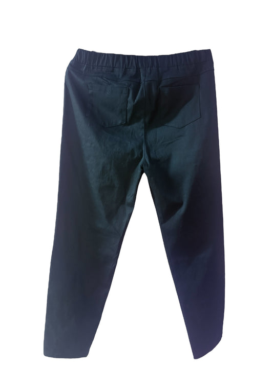 Black pull-on pants with elastic waistband and two rear pockets. Available in plus sizes.