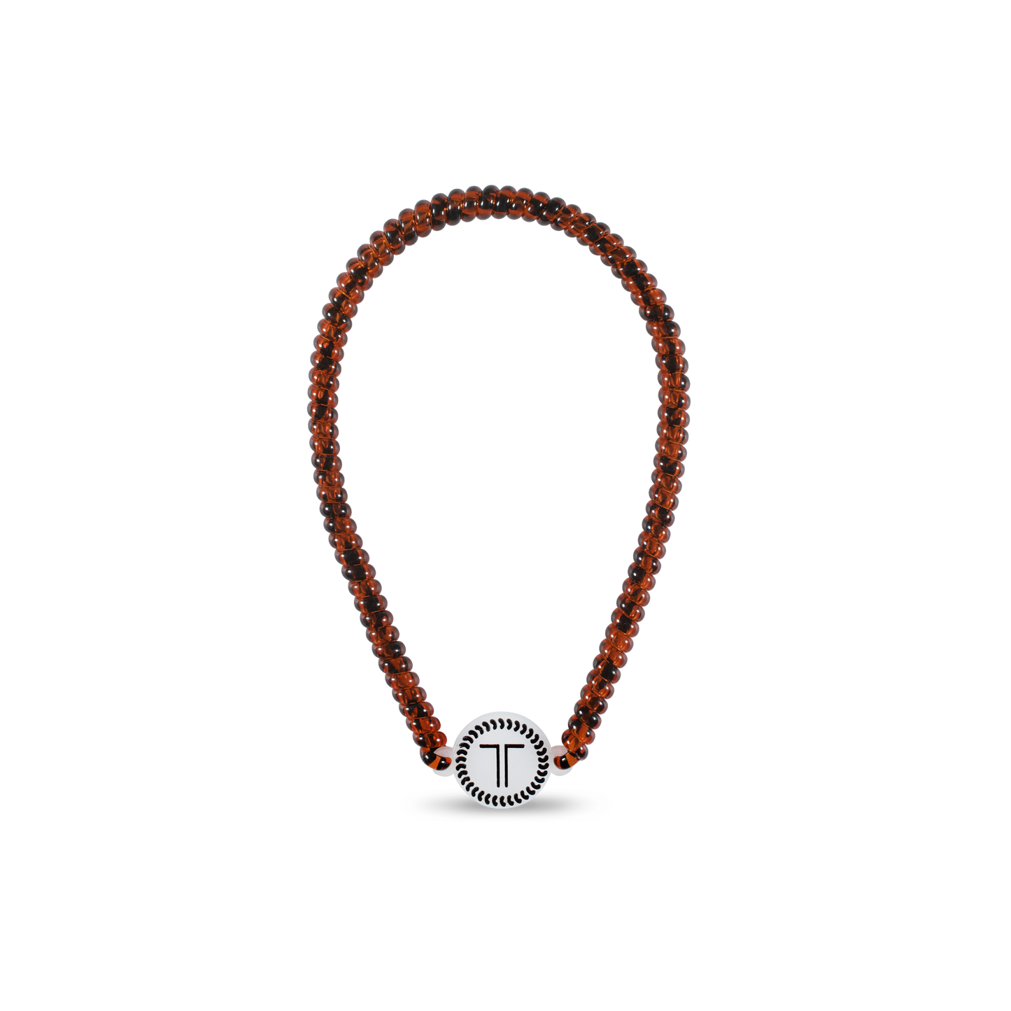 Beaded brown necklace with round white "T" pendant bordered in black. Available sizes: S, M, L.