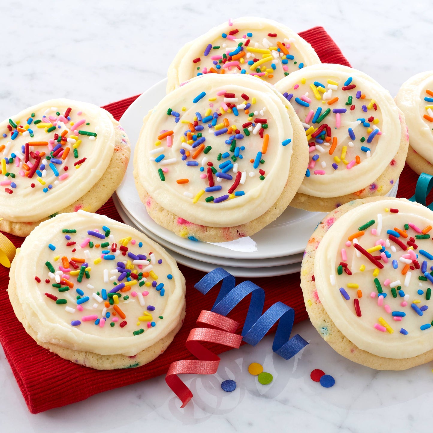 Finest Confetti Cake Batter Cookies with rainbow sprinkles; available in small, medium, and large sizes.