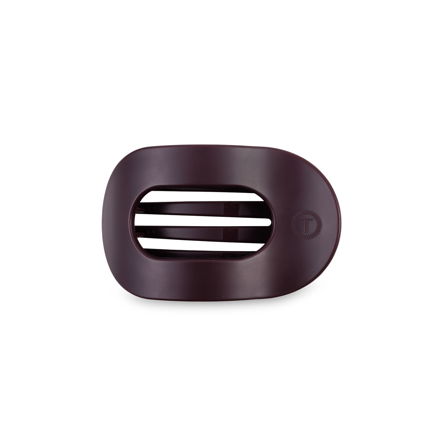 Dark maroon oval plastic soap dish with three center slots and a small circular logo; available in standard and large sizes.