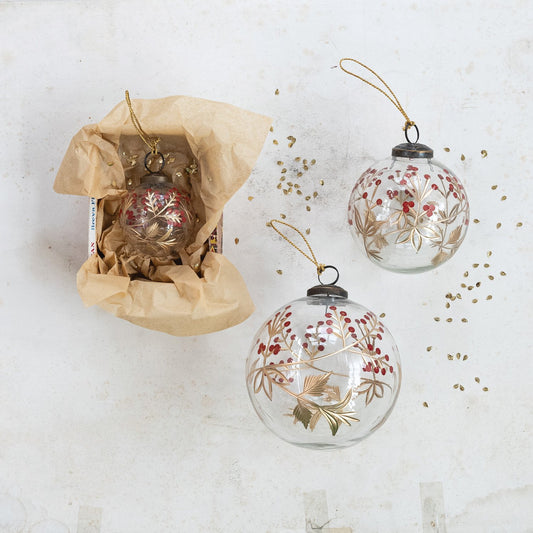 Hand-Painted Etched Glass Berry Design Ball Ornament