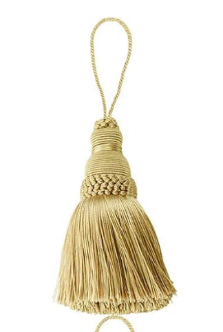 Beige tassels with looped cord top and long fringed strands. Available sizes: 4", 6", and 8". For curtains or upholstery.