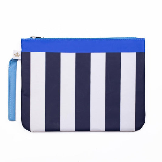 Wet/Dry Bag with navy and white vertical stripes, solid blue top edge, blue wrist strap. Available in small and large sizes.