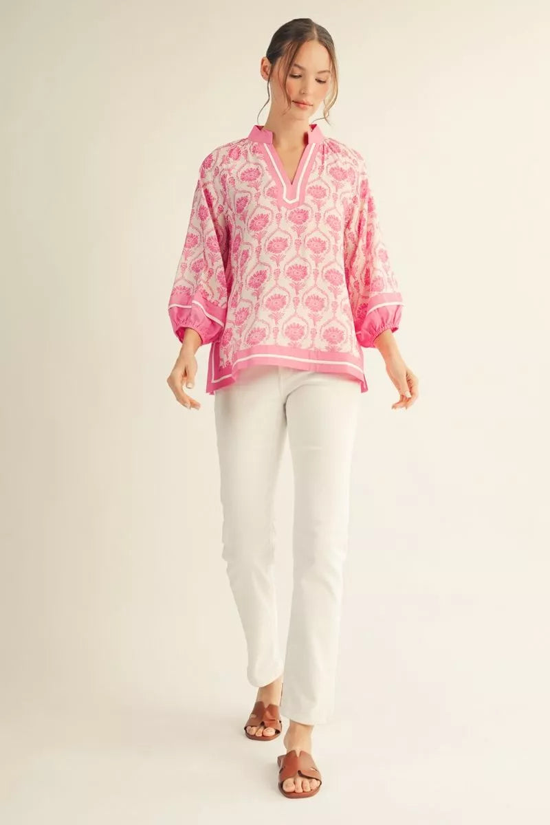 Pink Puff Sleeve Boho Print Top