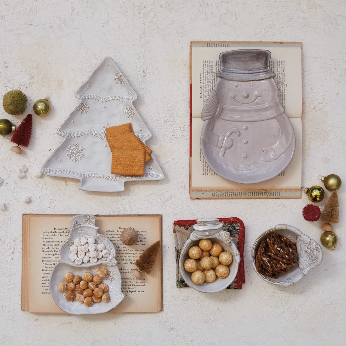 Stoneware Santa /Snowman Shaped Bowl w/Snowflakes