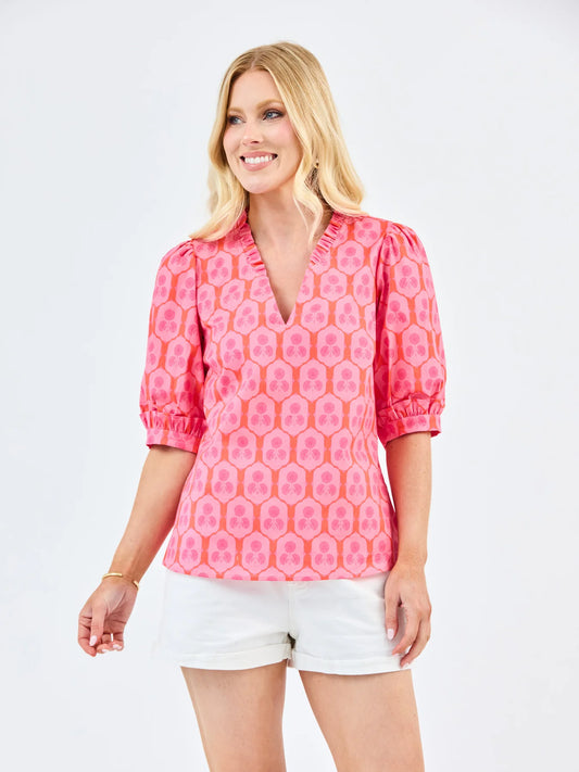 Pink Colette Rosette Charm Top with puff sleeves. Available in sizes XS-XL.