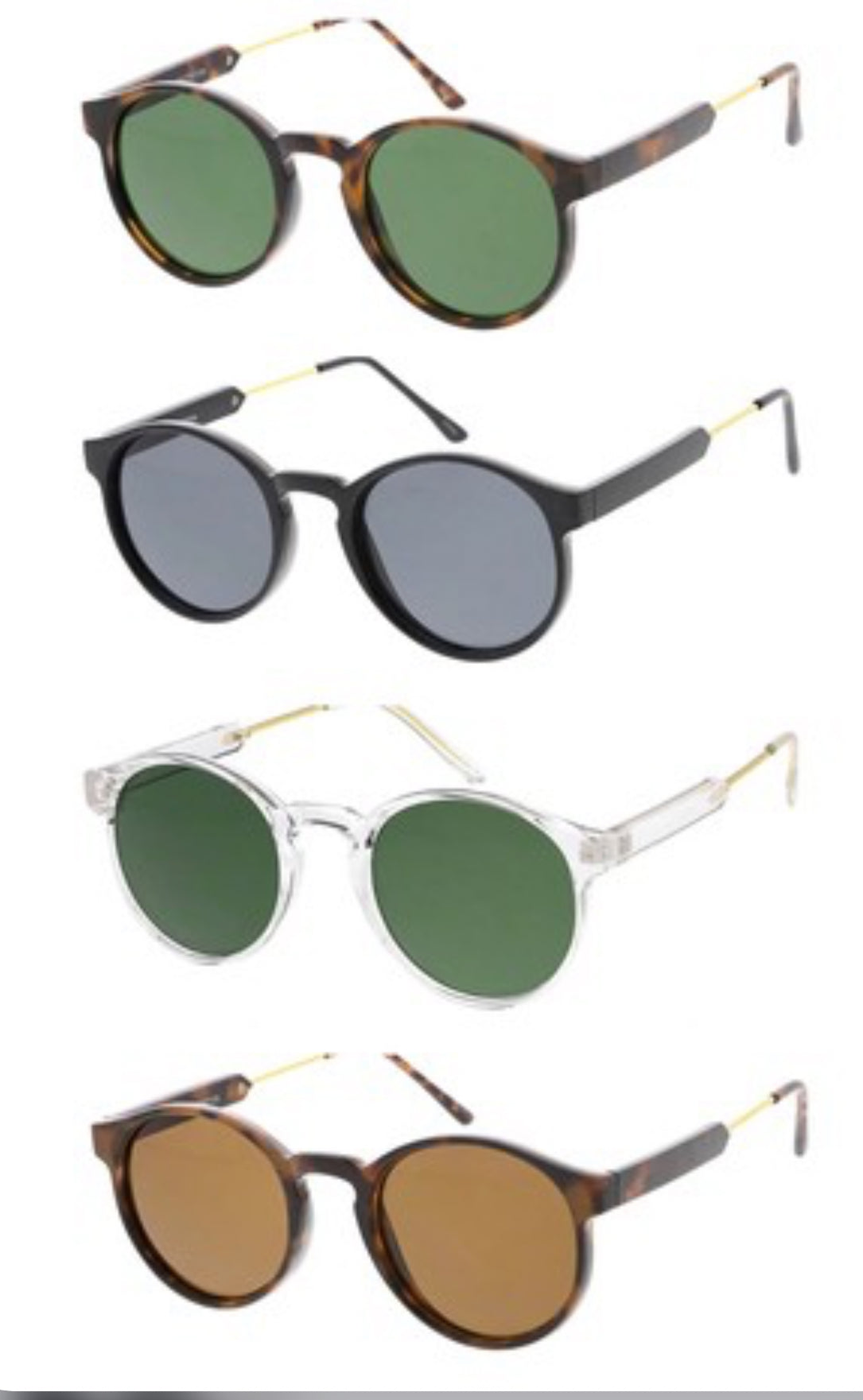 Unisex Round Hipster Small Frame sunglasses, UV 400, sizes S/M/L: tortoiseshell green, black gray, clear green, tortoise brown.