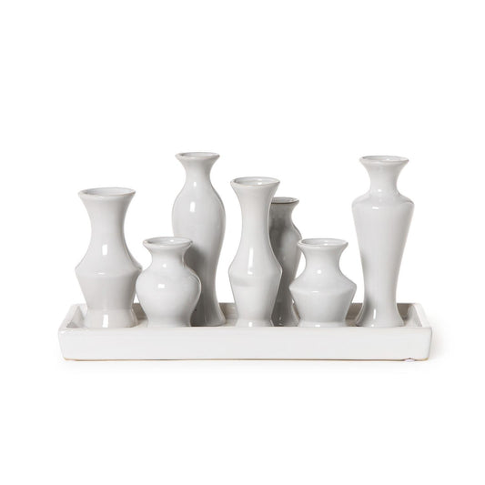 White Glaze Multi Vase with 7 sections; seven small, uniquely shaped white vases on a rectangular base. Sizes: Small, Medium.