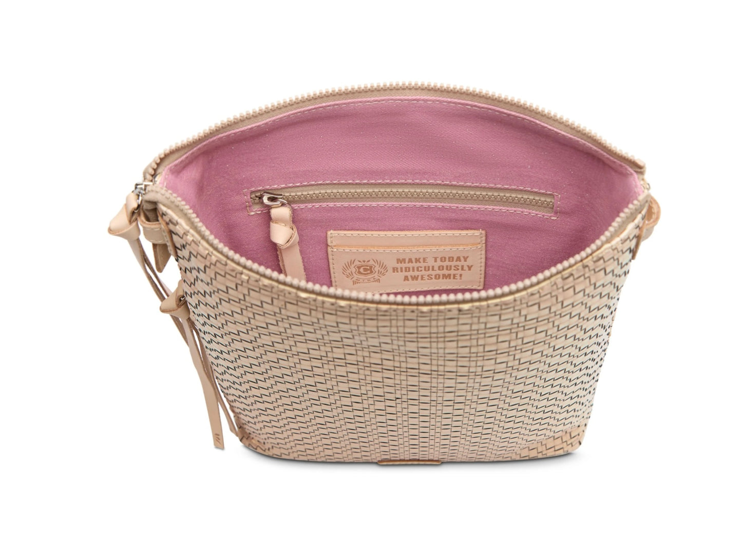 Small woven Tour Crossbody Pearl purse with pink lining, zip pocket, quote patch, open spacious interior. Sizes available.