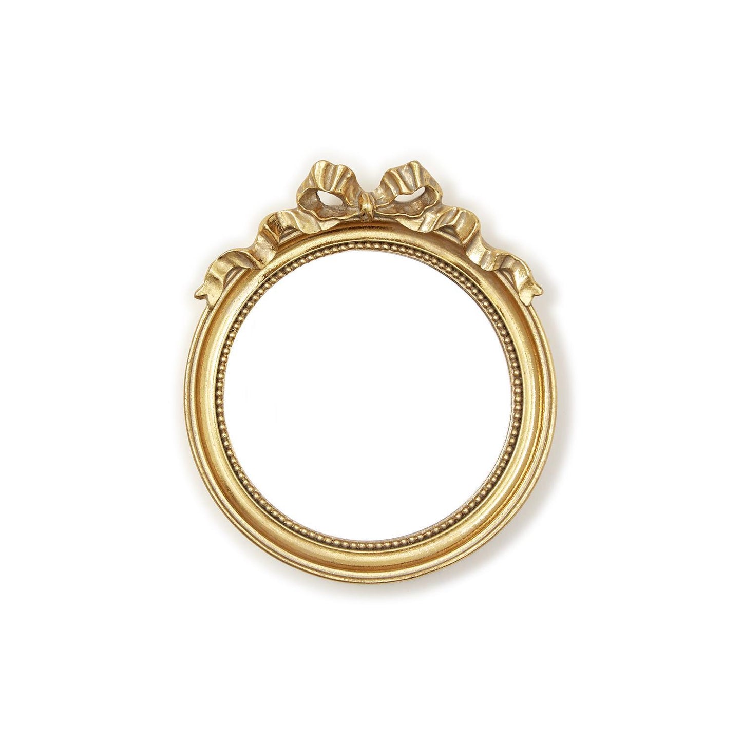Ornate gold round mirror trinket tray with accent bow. Available sizes: small, medium, large.