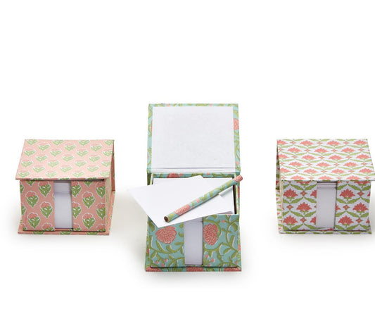 Floral Block Print Notepad with Pencil in pastel design. Includes open caddy with white paper, matching pencil. Sizes: standard.