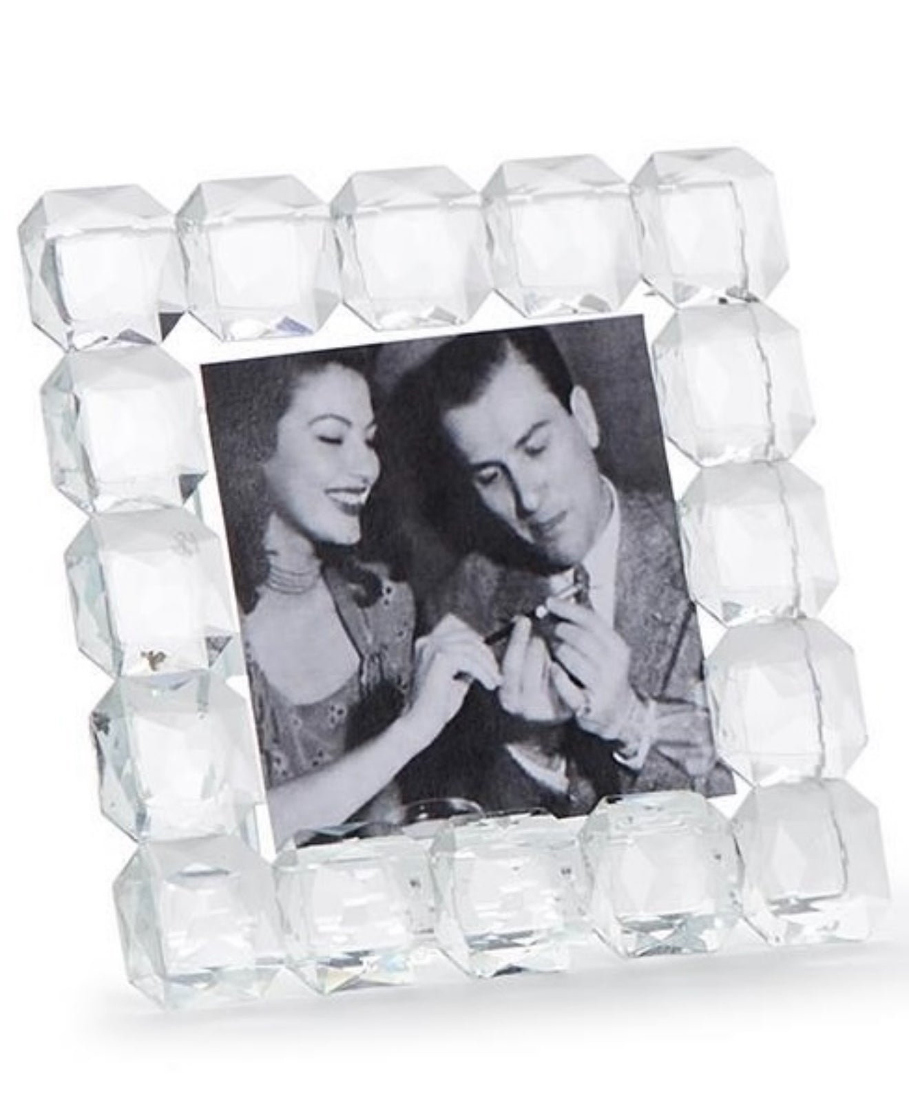 Brilliant Cut Crystal Frame with clear faceted cube-like detailing; available in 4x6 and 5x7 sizes.