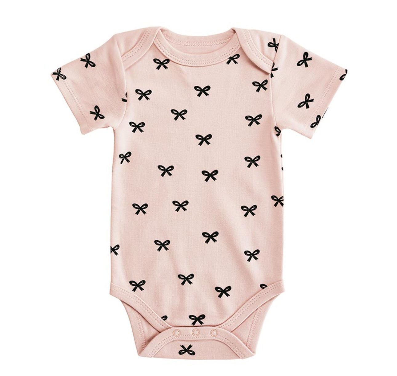 The Pink Bow Snapshirt Baby features short sleeves with a pattern of small black bows. Sizes available: Newborn, 0-3M, 3-6M, 6-12M.