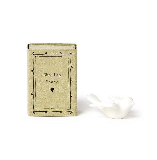 Small beige Dove Matchbox with "Cherish Peace" and a heart symbol. Available in multiple sizes.