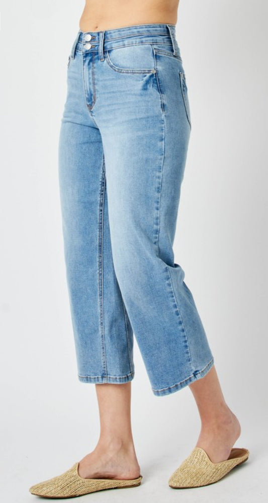 High Waisted Double WB Crop Wide Jeans in light blue. Available in sizes 24-32.