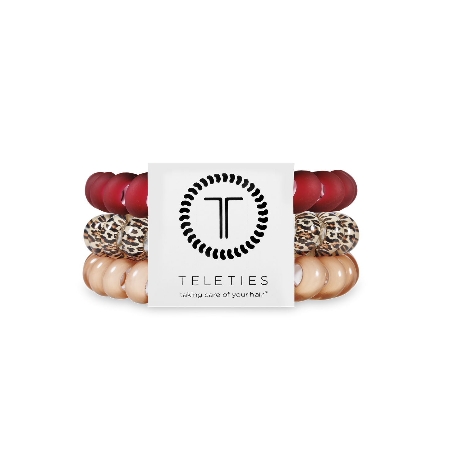 TELETIES Hair Ties pack in red, leopard print, and beige; available in small, medium, and large sizes.