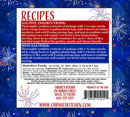Instructions and nutrition facts for Rocket Ranch Cracker Seasoning for saltines and mini saltines; sizes include regular and mini.