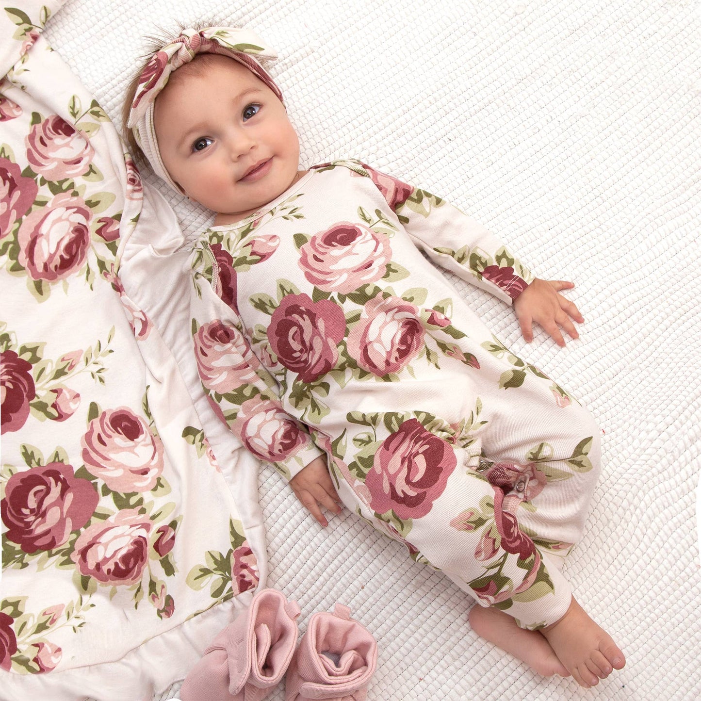 Baby Girl's Cabbage Rose Cotton Romper with matching pink and maroon headband. Sizes: 0-3M, 3-6M, 6-9M, 9-12M.