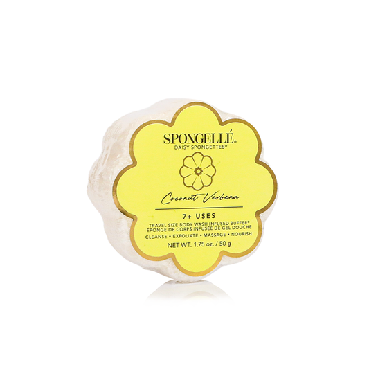 Yellow, flower-shaped Coconut Verbena Daisy Spongette soap sponge, 1.75 oz size, labeled for 14+ uses on the front.