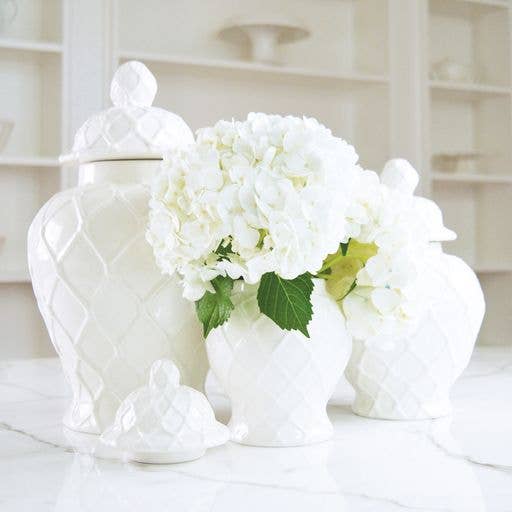 Extra large white ginger jar with a diamond texture, filled with white hydrangeas. Available in XL and additional sizes.