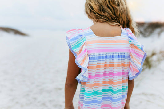 Girls Pastel Rainbow Stripe Ruffles & Lace Spring Dress; available in sizes 2T-10.