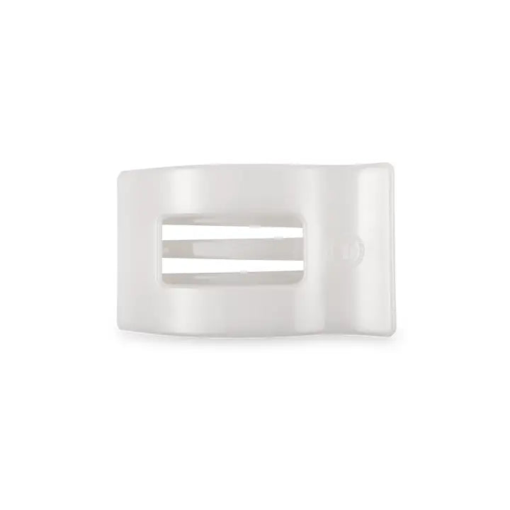 White plastic TELETIES Flat Rectangle Hair Clip with rounded edges and two center slots; available in small, medium, large.