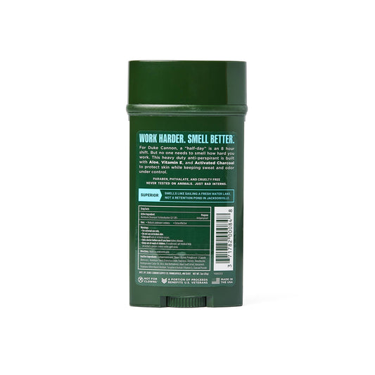 Green Duke Cannon Anti-Perspirant Deodorant - Superior, back label visible with ingredients like activated charcoal, 2.6 oz size.
