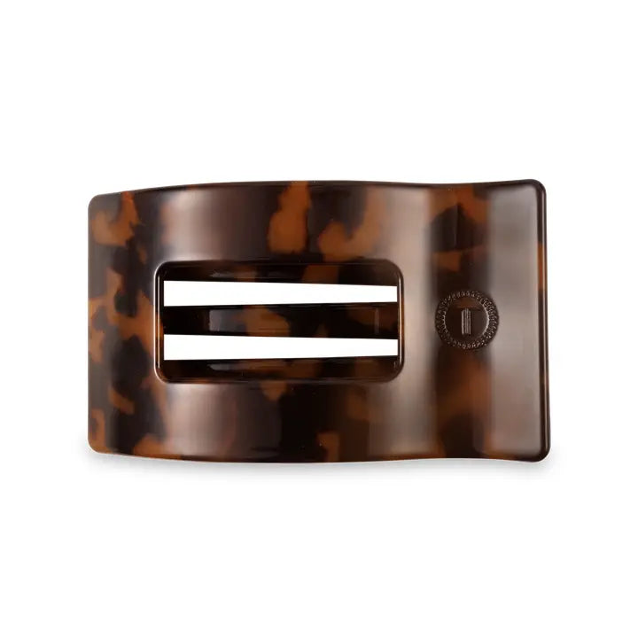 Rectangular TELETIES Flat Rectangle Hair Clip in tortoiseshell, two horizontal slits, logo on right. Available in multiple sizes.